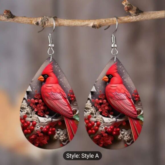 Christmas earrings cardinal dangle teardrop Pu leather New e66 - Picture 2 of 3